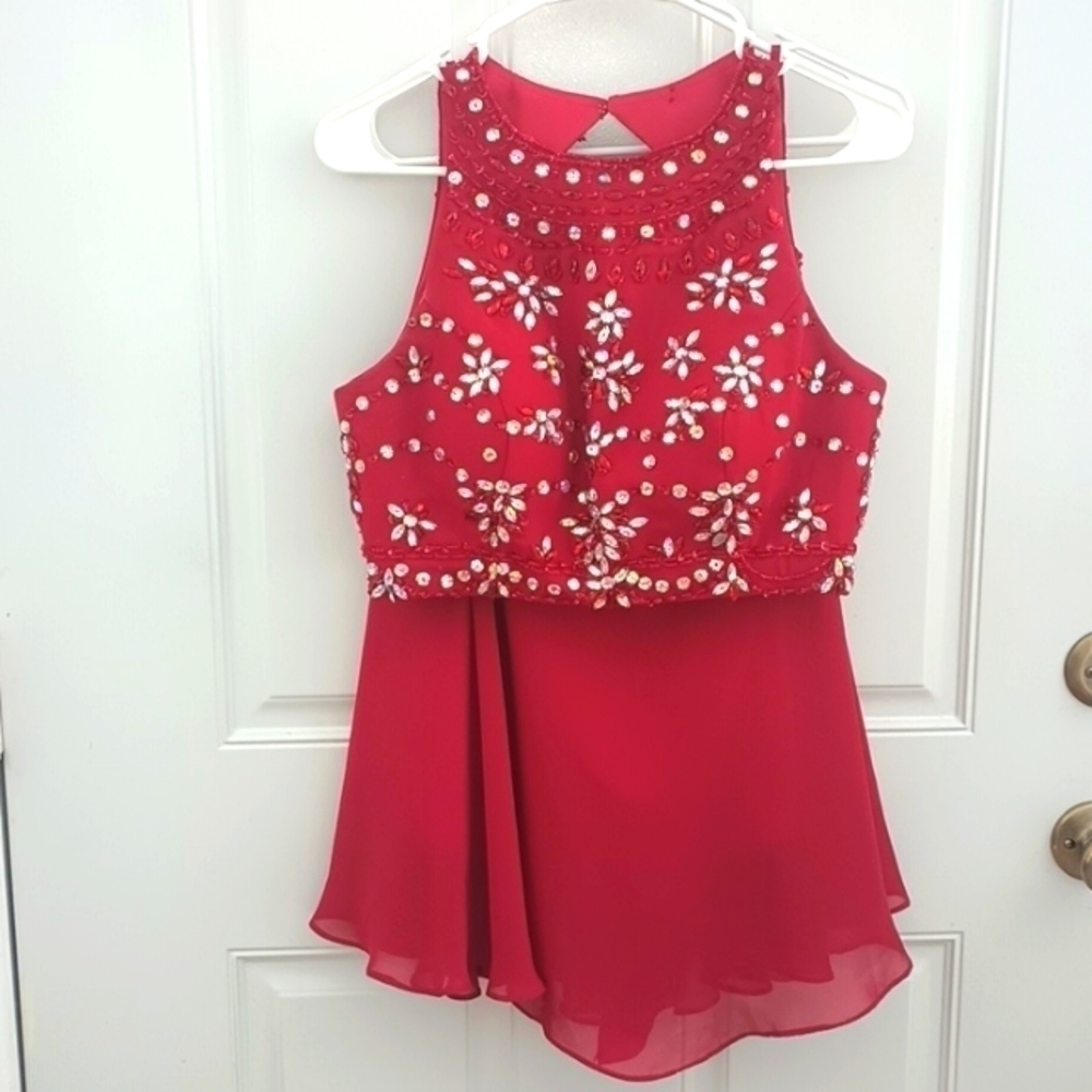Two piece formal prom bejeweled rhinestone red dress